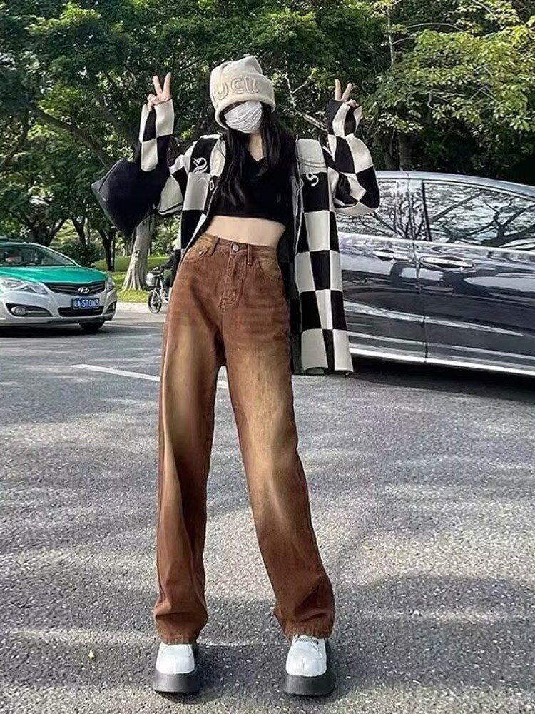 swvws European And American Retro Brown Jeans Women's Spring And Autumn High-waisted Straight-leg Loose And Thin Wide-leg Pants