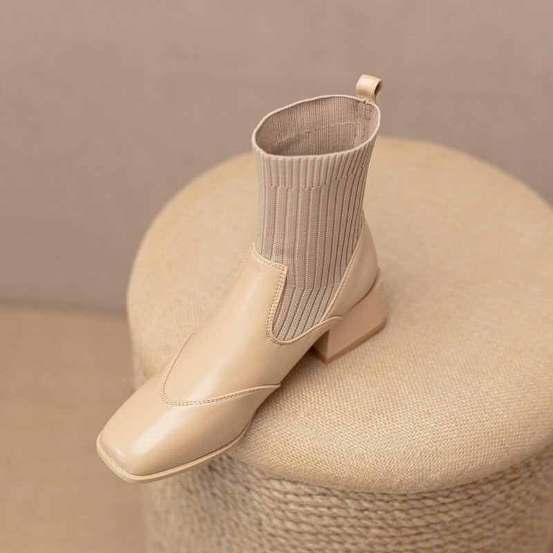 swvws Autumn Winter New Ankle Socks Shoes Women Fashion Large Size  Knitted Short Boots Women Slip On High Heels