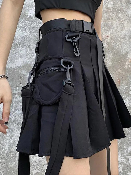 swvws Techwear Women Black Cargo Skirts Gothic Grunge Harajuku Punk High Waist Mini Skirt Dark Alt Wear Female Belt Aesthetic