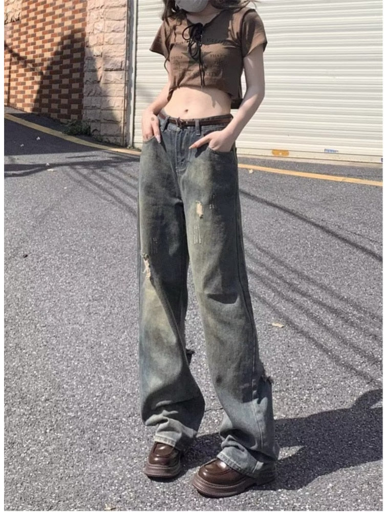 swvws Perforated Jeans, Summer Loose Straight Leg Wide Leg Pants, Niche Stitching, Old Beggar Pants, Women's Jeans