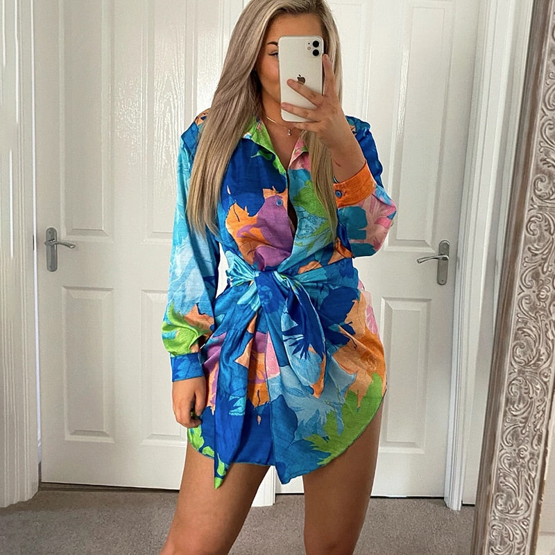 swvws  Turn Down Collar Dresses Women Fashion Asymmetrical Printed Dress Women Elegant Long Sleeve Dresses Female Ladies