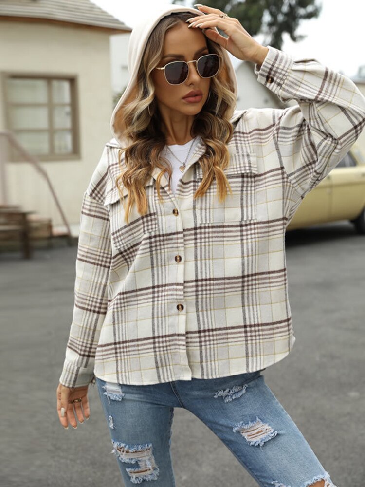 swvws Autumn Plaid Hooded Shirts Women Casual Buttoned Jackets  Vintage Loose Coats Long Sleeve Lapel Tops Female Pockets Outerwears