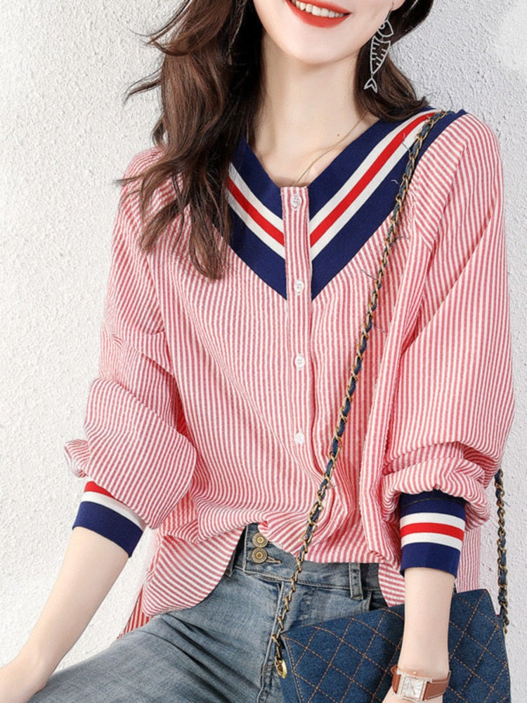 swvws Temperament Stripe Korea Fashion College Loose Thin V-Neck Shirt Women's Long Sleeve Cardigan Casual Coat Ladies Office