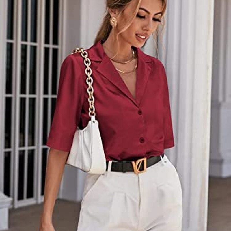 swvws Short Sleeve Satin Blouse Women  Summer Notched White Silk Shirt Elegant Office Lady Simple Button Up Casual Shirts 19935