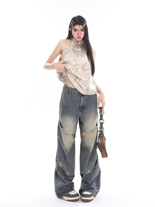 swvws Small crowd deconstruction design sense jeans, high street wide leg pants, high-end floor long pants, trendy brand women's jeans