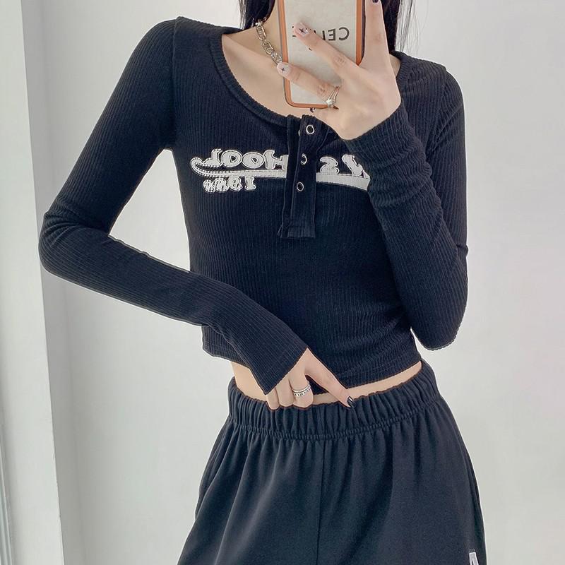 swvws Vintage Letter Print Crop Tops Grunge Ribbed T-Shirts Sexy Slim Long Sleeve Tee Shirt Women Korean Fashion Streetwear