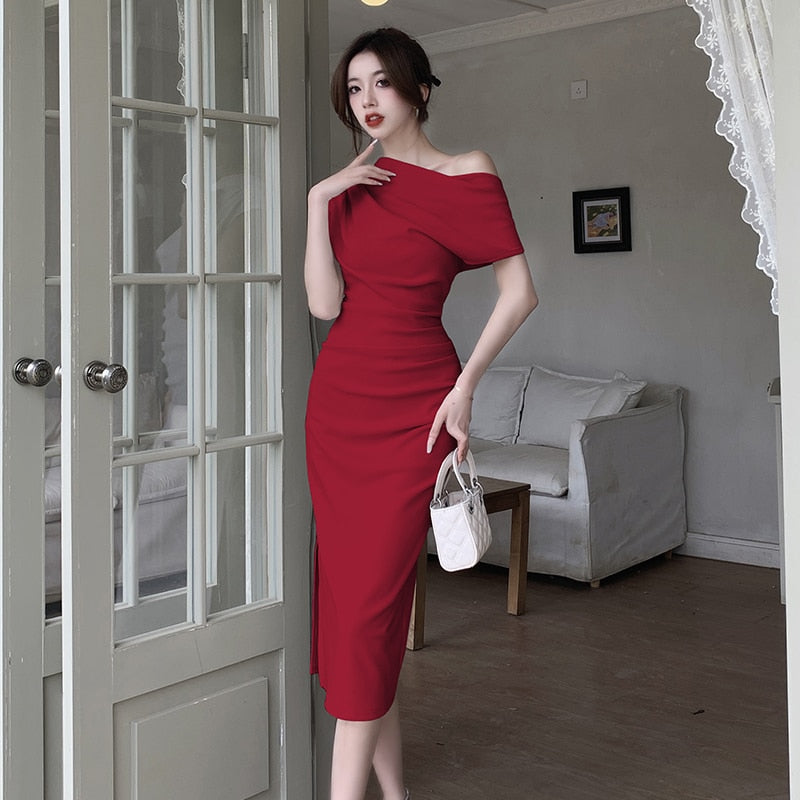 swvws French Temperament Celebrity Wind Sexy Strapless Oblique Collar Dress Female Spring and Summer Slim Open Package Hip Long Dress