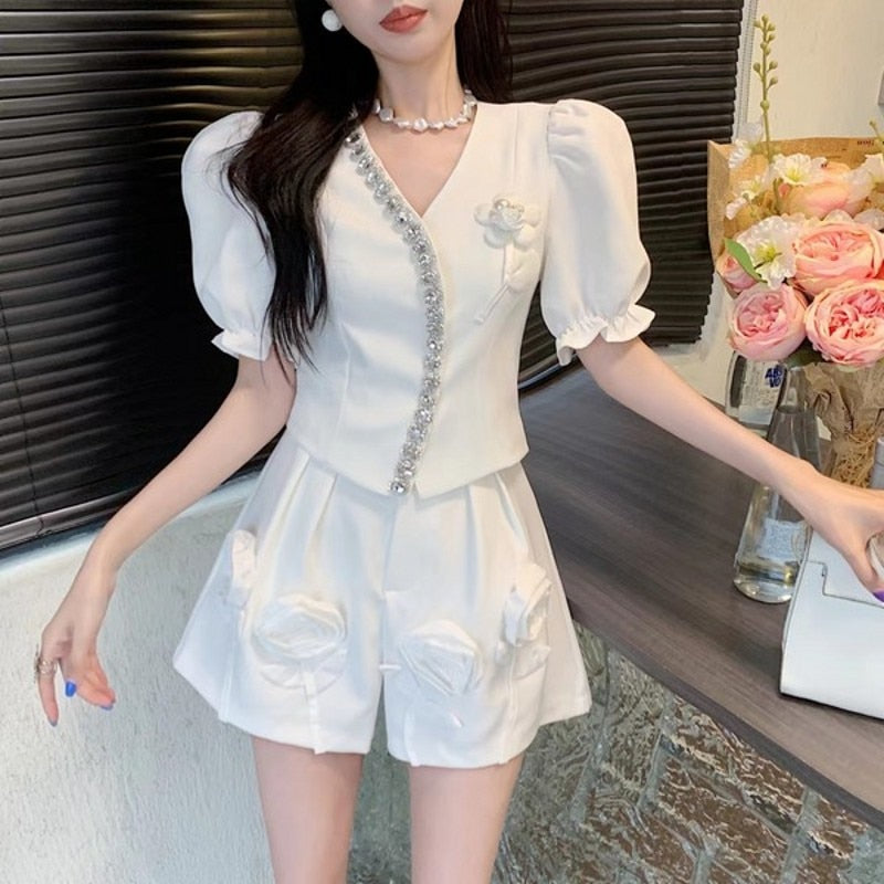 swvws Summer High Quality Elegant 3D Flower Appliques 2 Piece Sets Women Diamond Short Sleeve Tops + Wide Leg Shorts Sets