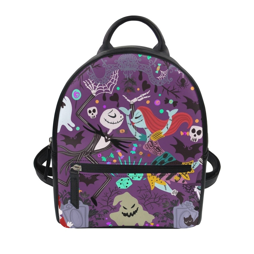 swvws  Nightmare Before Christmas Print Women's Backpack Trend PU Leather Women's Waterproof  Daily Backbags