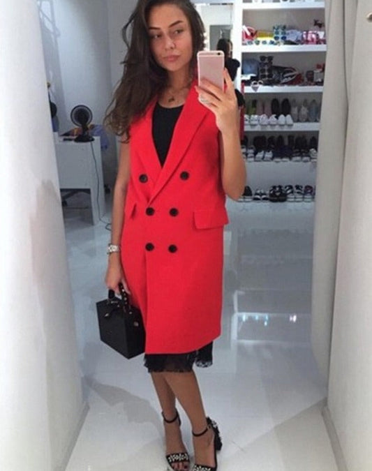 swvws New Fashion  Women Autumn Vest Red White Pink And Yellow Lapel Solid Color Vest Coat