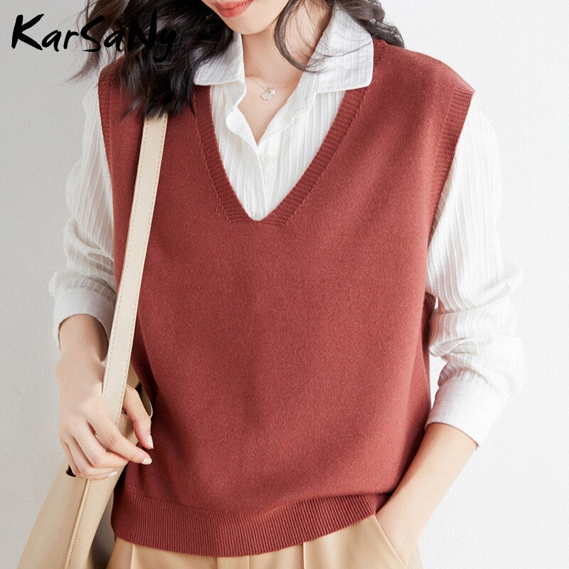 Back To School Insulated Vest For Women Solid Slim Green Sweater Sleeveless Knitted Vest Female V Neck Classic Tops Women's Fashion Vests