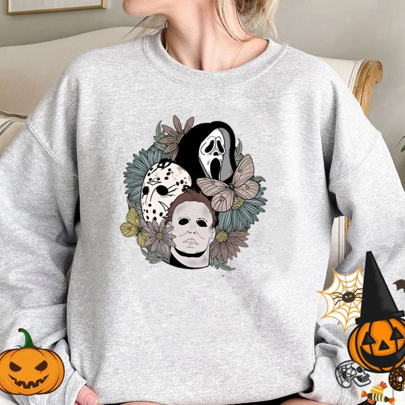 swvws Halloween Costume Horror Movie Scary Hooded Halloween Women Sweatshirt Crewneck Pullover Halloween Party Ghost Boo Skull Flower Hoodies Oversized