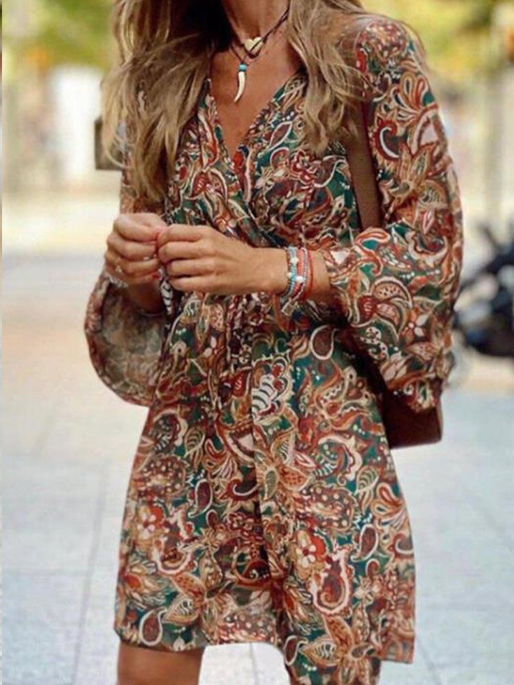 swvws Boho Dress Vintage Printed Dress Women Sexy V-Neck Ruffle Spring Casual Long Sleeve Holiday Beach Dresses Vestido Feminino