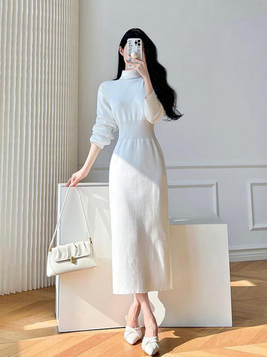 swvws Korean White Fashions High Neck Knitted Warm Sweater Dress Autumn Winter Female Black Classy Retro Slim Waist Long Dress Simple