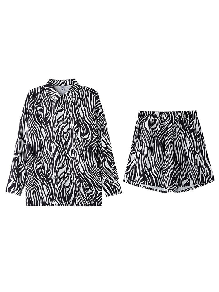 swvws Women Zebra Shorts Suits Casual Long Sleeved Button Up Top Shirts+ High-Waisted Mini Shorts 2 Pieces Sets Streetwear