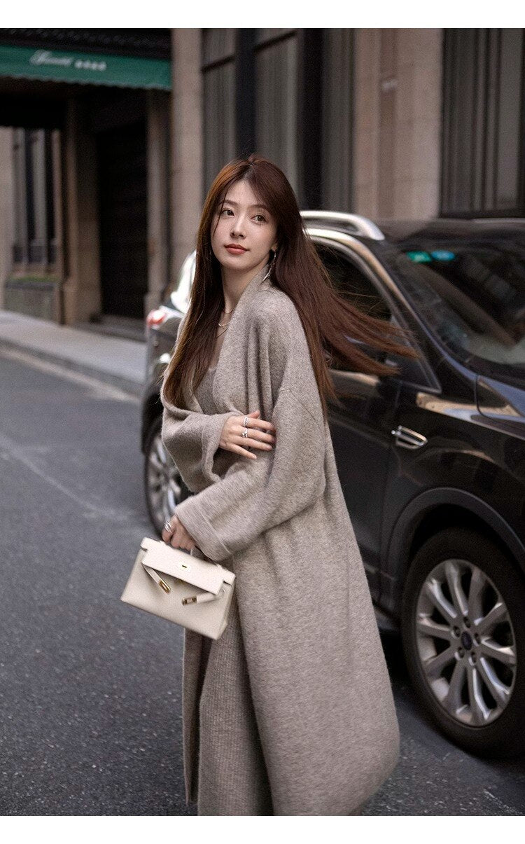 swvws  New Women's Autumn and Winter Thickened Comfortable Loose Long Sweater Jacket Knitted Dress Two Piece Autumn and Winter Set