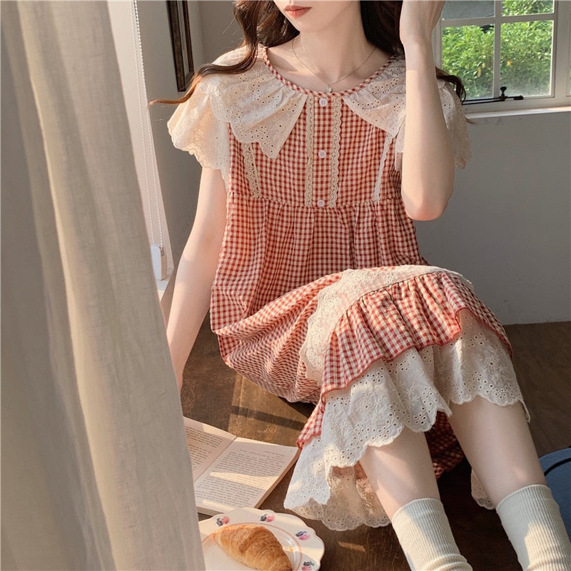 swvws Plaid Retro Elegant Casual NightDress Soft Ruffles Sweet Simple Summer O-Neck Princess Long Sleepwear Cotton Lace Short sleeve