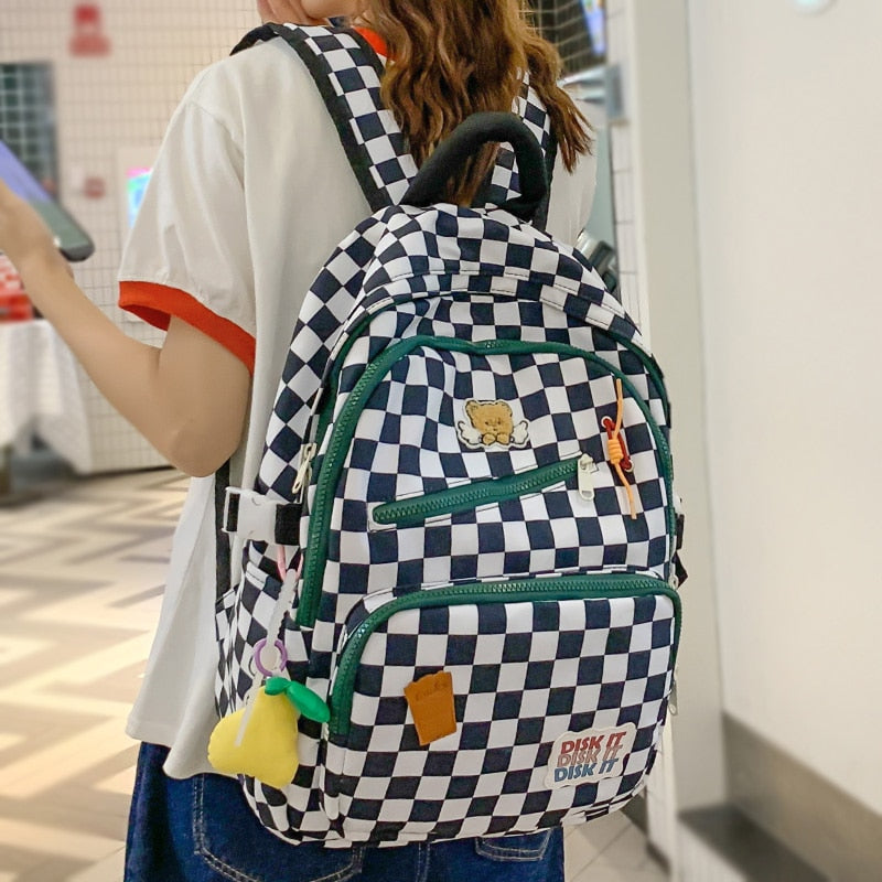 swvws Ladies Harajuku Plaid Student Bag Girl Travel Book Backpack Trendy Female Laptop College Backpack Fashion Women Nylon School Bag