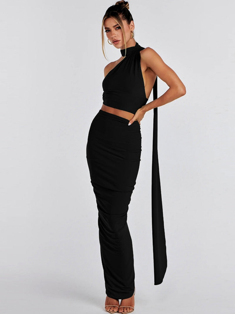 BACK TO COLLEGE  Elegant Women's Summer Two-piece Set Fashion Bandage Halter Crop Top High Waist Bodycon Skirts Evening Party Black Dress