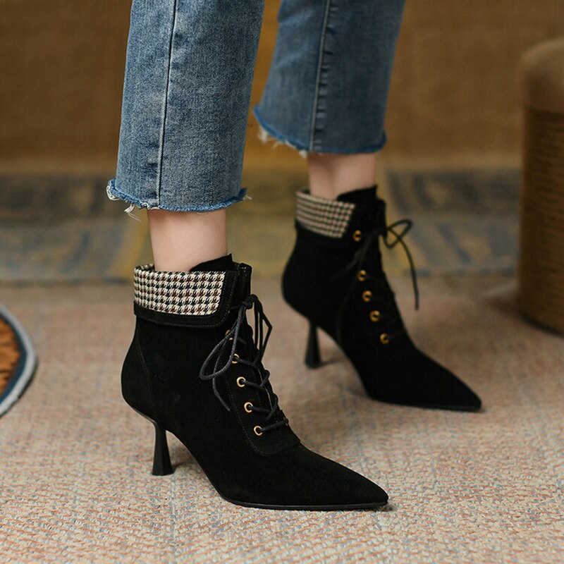 swvws Autumn Boots   NEW Fall Shoes Women Pointed Toe High Heel Shoes Sheep Suede Thin Heel Shoes Plaid Ankle Boots Women Mature Lace-up Modern Boots