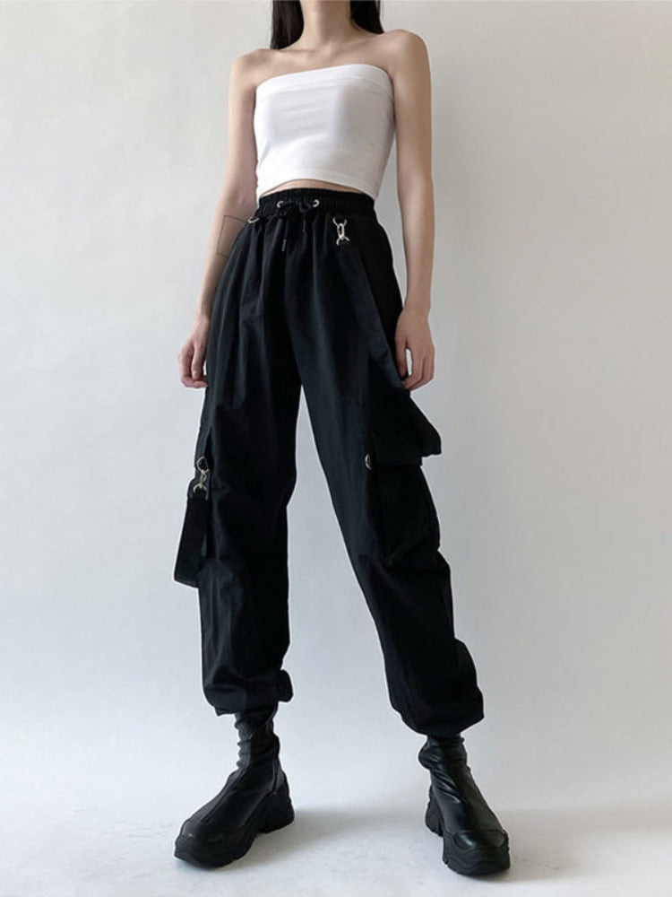 swvws Goth Cargo Pants Women Punk Capris Pants Harajuku High Waist Pants Oversize Detachable Strap Casual Trousers Emo Techwear