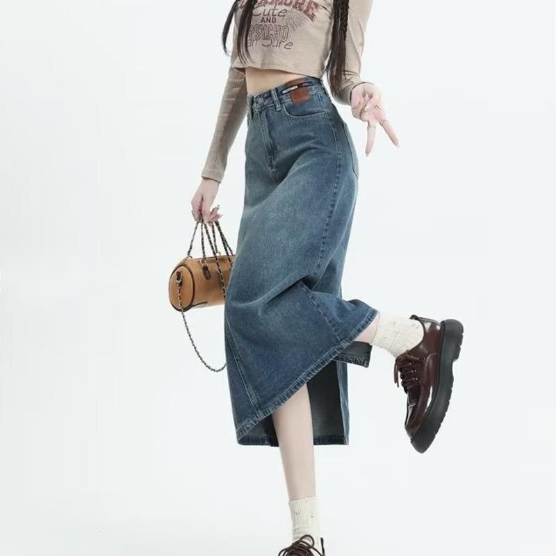 swvws Retro Denim Skirt For Women Spring And Autumn New Summer Mid Length Slim A-line Split Long Skirt Skirt