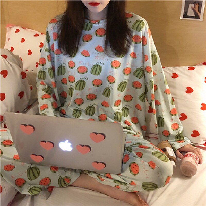 swvws Spring And Autumn Pajamas Women's Long-Sleeved Trousers Two-Piece Set Of Milk Silk Thin Section Breathable Student Home Clothes