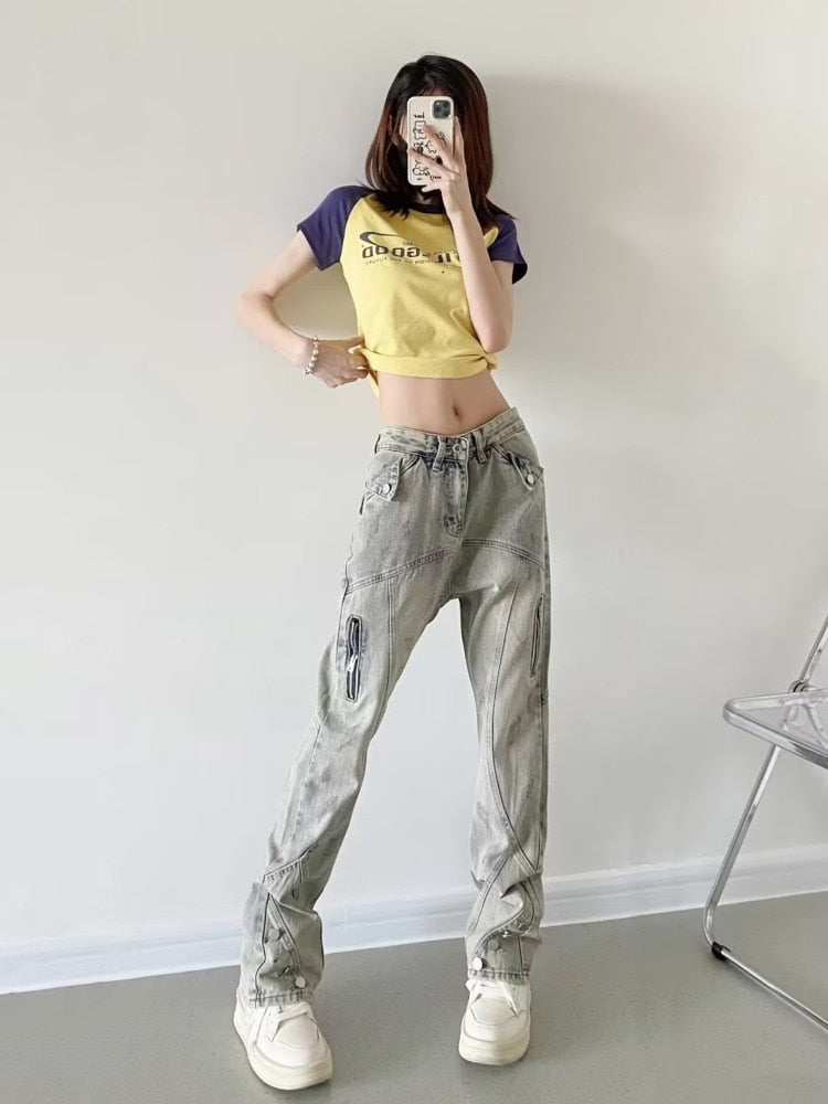 swvws Yellow Mud Color Street Zippered Jeans  Women's High Street Trendy Straight Leg Pants  Slimming Micro Flared Pants