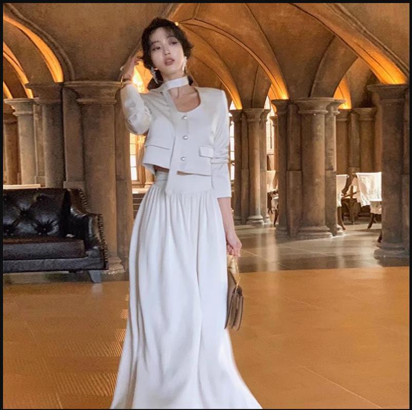 swvws French White Long Sleeve 2 Piece Set for Women Autumn New Elegant Fashion Short Top High Waist Long Skirt Suit Female Clothing