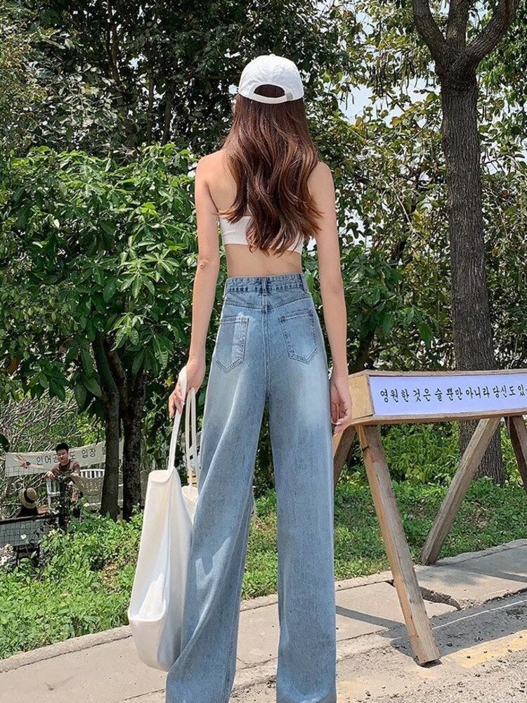 swvws Ripped Jeans Women's Summer Thin Section  New Straight Loose High Waist Thin Wide Leg Pants