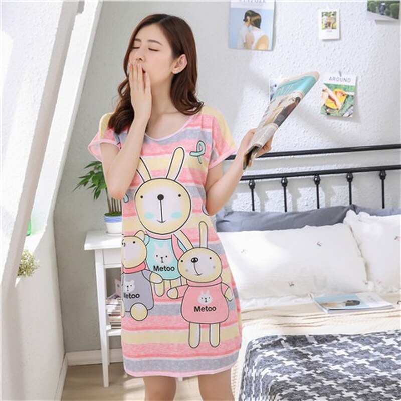 swvws Summer Cartoon Nightdress Ladies Milk Silk Double-Sided Printing Cute Nightdress Women's Nightgown Sleepwear Night Wear