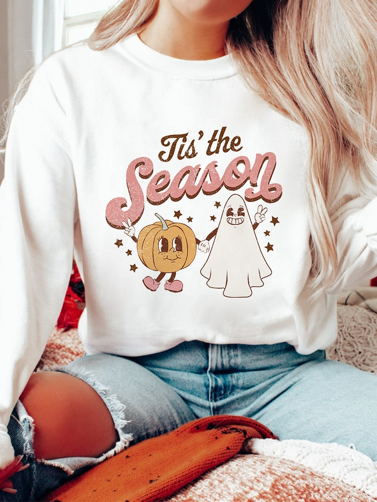 swvws Halloween Costume Colored Tis' The Season Pumpkin Spice Sweatshirt Retro Fall Women Long Sleeve Autumn Halloween Pullovers Streetwear Outfits