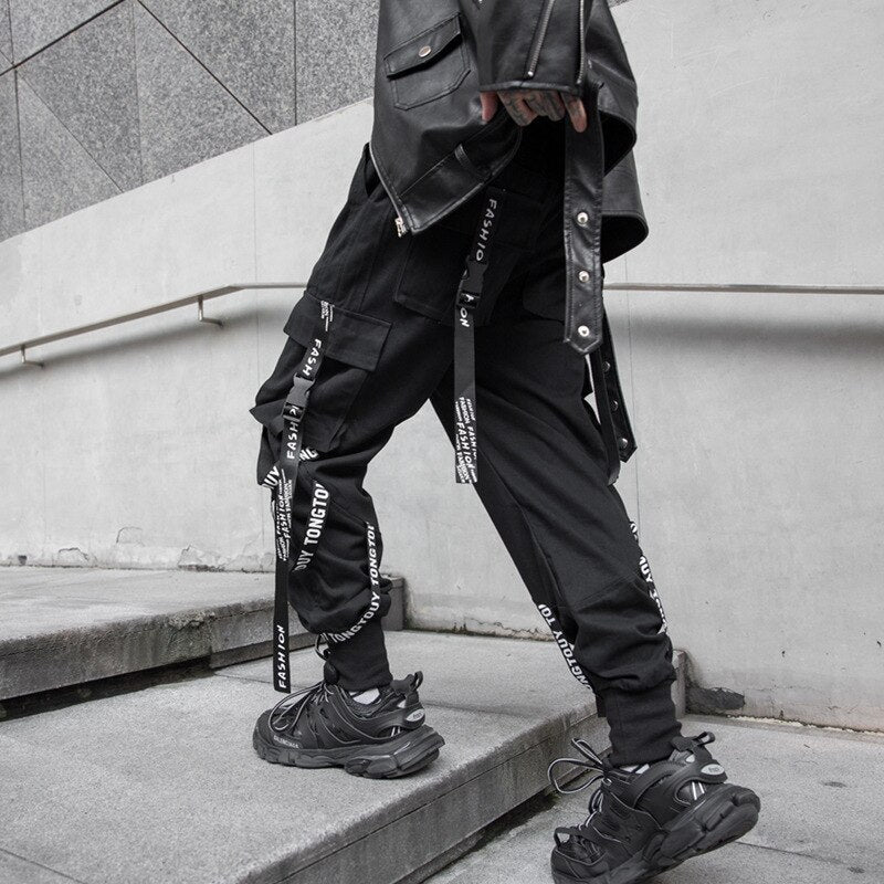 swvws Back To School  Black Cargo Pants Men Joggers Cargo Trousers For Men Jogging Japanese Streetwear Hip Hop Hippie Gothic Ribbon