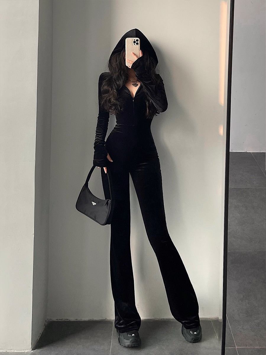 swvws Fashion Black Velvet Slim Hooded Zipper Long Sleeve Flare Pants Jumpsuit Rompers Korean Sexy Hot Tops