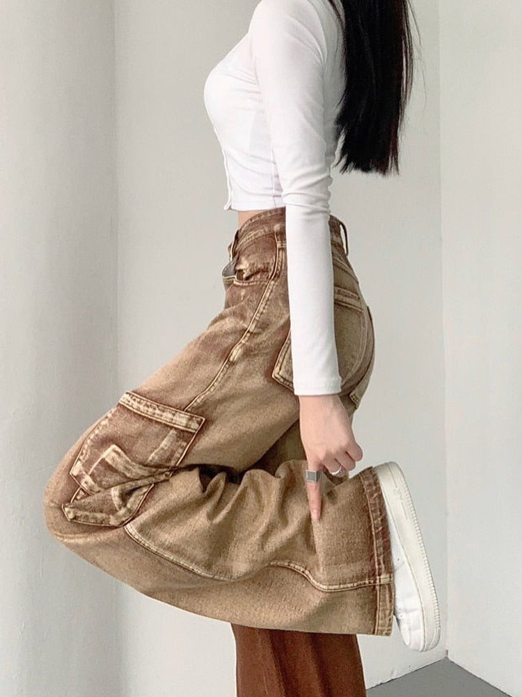 swvws Y2K Brown Cargo Pants Women 90S Vintage Grunge High Waist Baggy Jeans Streetwear Wide Leg Loose Denim Trousers Female