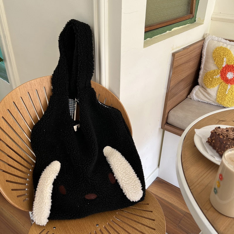 swvws  New Winter Warm Plush Bag Women Imitation Lamb Hair Cartoon Dog Ears Shoulder Bag For Women Large-capacity Tote Bag Handbag