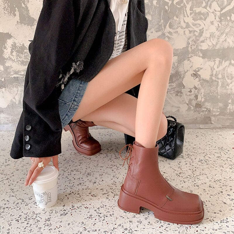 swvws  fashion inspo    NEW Fall Shoes Women Genuine Leather Boots Round Toe Chunky Boots for Women Casual Platform Boots Solid Zipper Ankle Boots Women