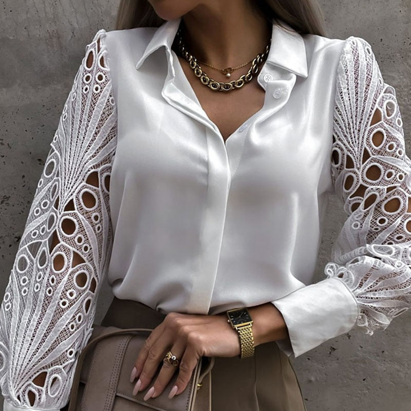 swvws Vintage White Lace Shirt Women  Fashion Hollow Out Button Elegant Blouse Female Casual Long Sleeve Office Lady Tops 19948