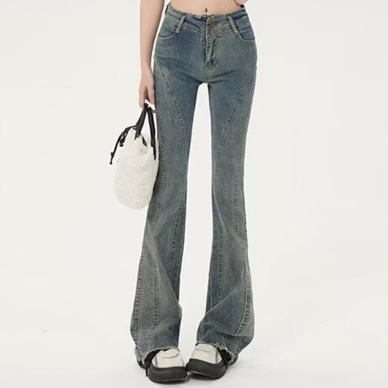 swvws Small American Retro Micro Flared Jeans For Women With A Sense Of Design, Niche High Waisted And Slim, Versatile Floor Mop Pants