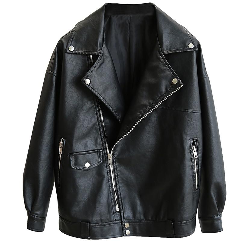 swvws  New Autumn Women Faux Leather Jacket Motorcycle Leather Jacket Black Loose BF Outwear