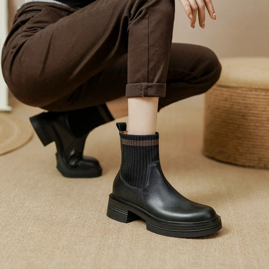 swvws  fashion inspo    Autumn Women Ankle Boots Round Toe Chunky Heel Boots Women Genuine leather Shoes Women Slip-on Black Boots Winter Shoes Women