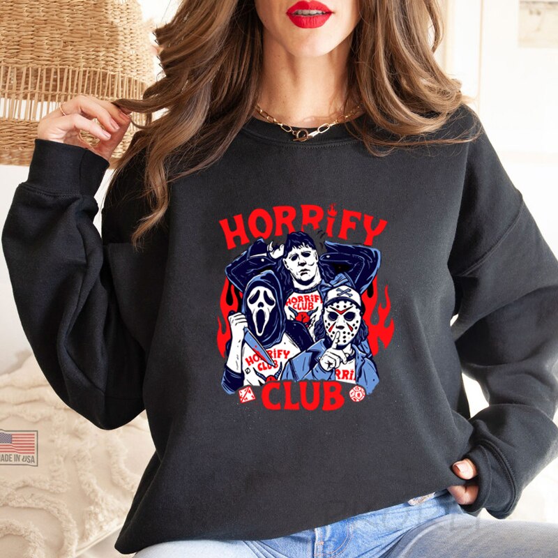 swvws Halloween Hoodies Stranger Things Horrify Club Hoodie Halloween Spooky Season Fall Sweatshirt Hell Devil Fire Graphic Pullover Crewneck Sweatshirt