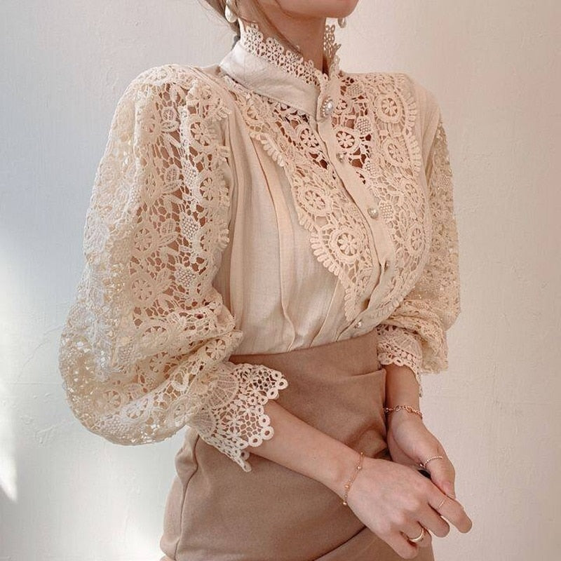 swvws Vintage Solid White Lace Blouse Shirts Women New Korean Button Loose Shirt Tops Female Hollow Casual Ladies Blouses Blusas