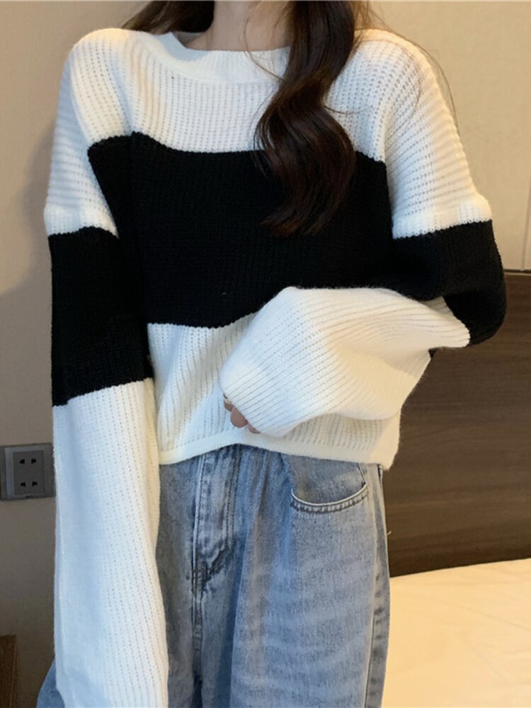 swvws Autumn Winter Knitted Sweater Women Casual Stripe Pullover Korean Vintage Loose Short Knitwear Female Long Sleeve O Neck Sweater