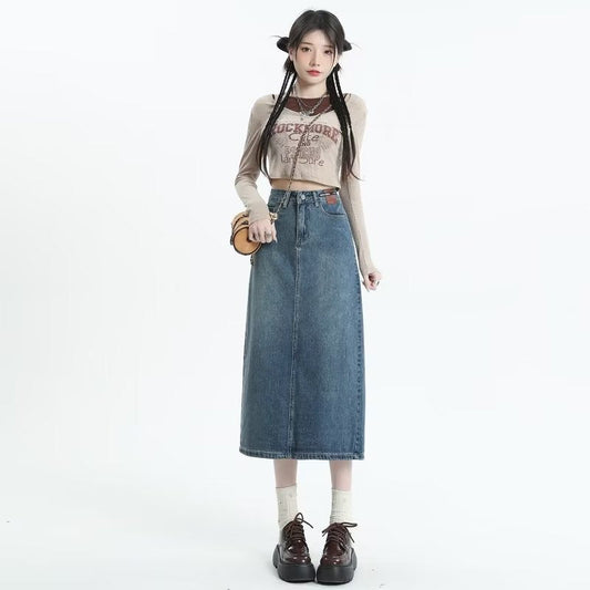 swvws Retro Denim Skirt For Women Spring And Autumn New Summer Mid Length Slim A-line Split Long Skirt Skirt