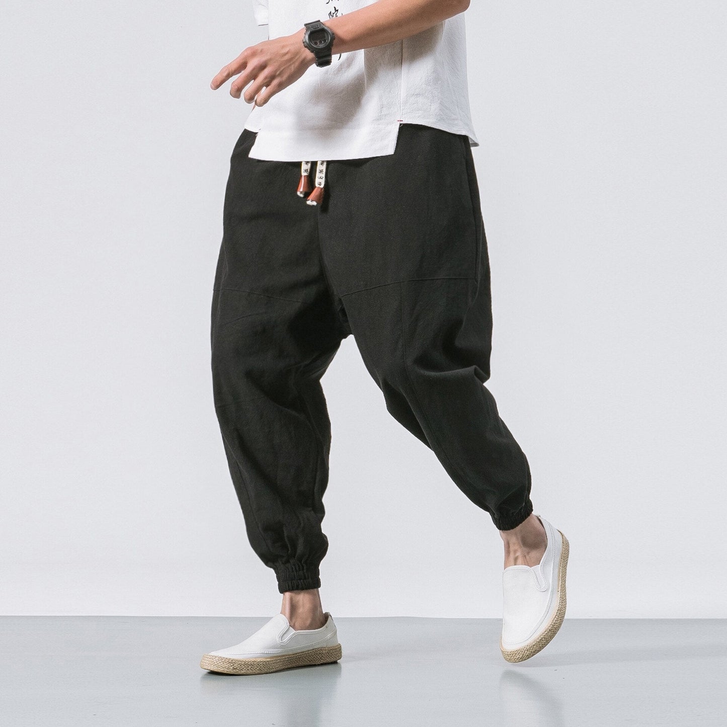 swvws Mens Vintage Hip Hop Style Baggy Jeans New Chinese Style Harem Pants Men Streetwear Casual Joggers Mens Pants Cotton Linen Sweatpants Ankle-Length Men Trousers M-5XL