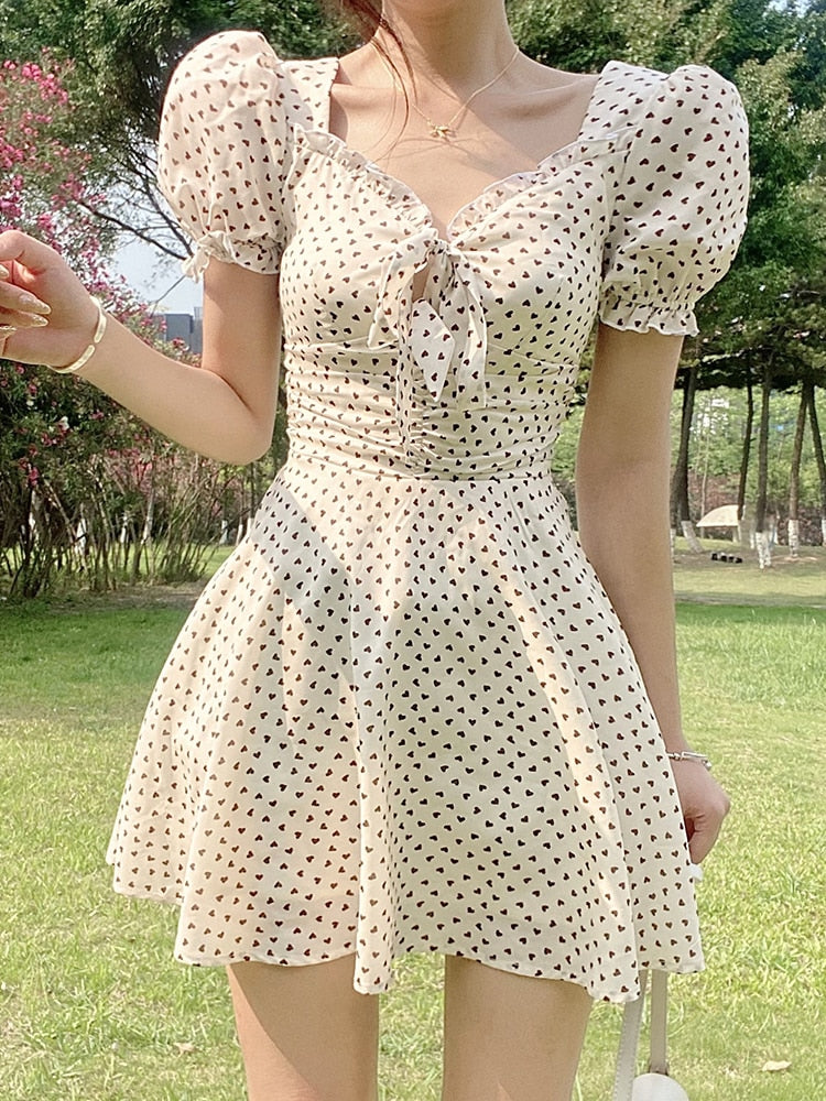 swvws Dot Printed Mini Dress Lace Up Bow Frill Pleated Dress Women Fairycore Short Sleeve Cute French Sundress Korean Beach