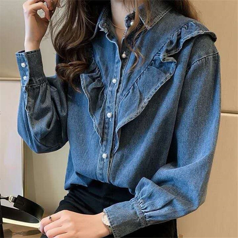 swvws Spring Autumn  Ruffles Denim Jacket For Women Long Sleeve Pocket Jacket Femme Casual Overcoat Single Breasted Chic Jean Coat