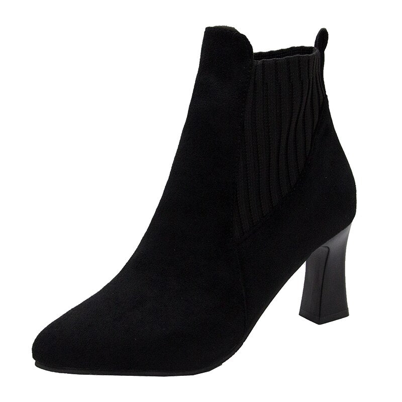 swvws Autumn Winter Women Boots Elastic Ankle Boots Pointed Toe Thick Heel High Heels Shoes Woman Female Plus Fleece Warm Socks Boots