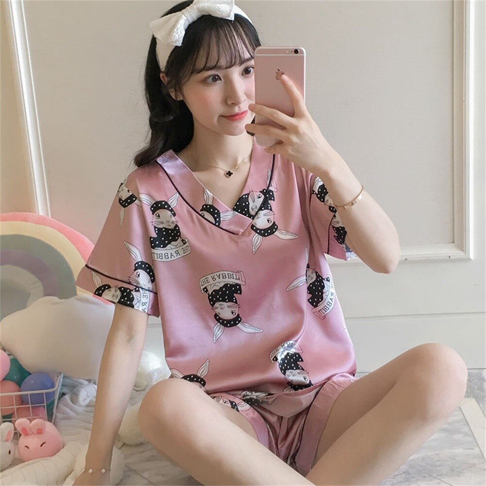 swvws Women's Summer Short-Sleeved Ice Silk Pajamas Loose And Comfortable Homewear Pajama Set Women Sleepwear